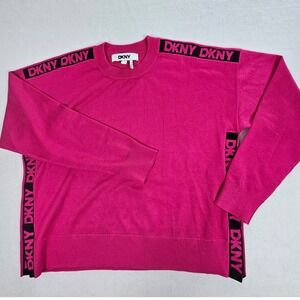 DKNY Womens Pink‎ Logo Tape Crewneck Sweater Fuchsia Long Sleeve Size M